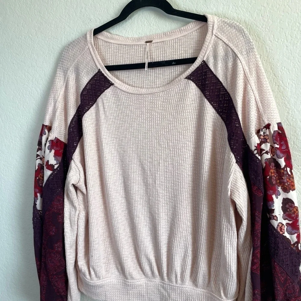 Free People Pink Casual Clash Rose Balloon Sleeve Thermal Blouse Top Sz Medium